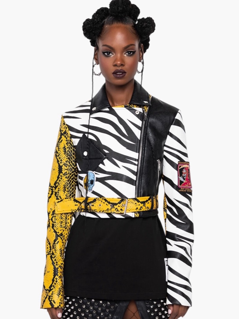 Azalea Wang Misunderstood Colorful Skull Snake Mixed Print Moto Jacket